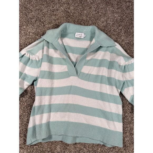 Tanya Taylor Striped V Neck Collar Maisie Knit Sweater Blue/White Cotton Size M - Picture 13 of 15